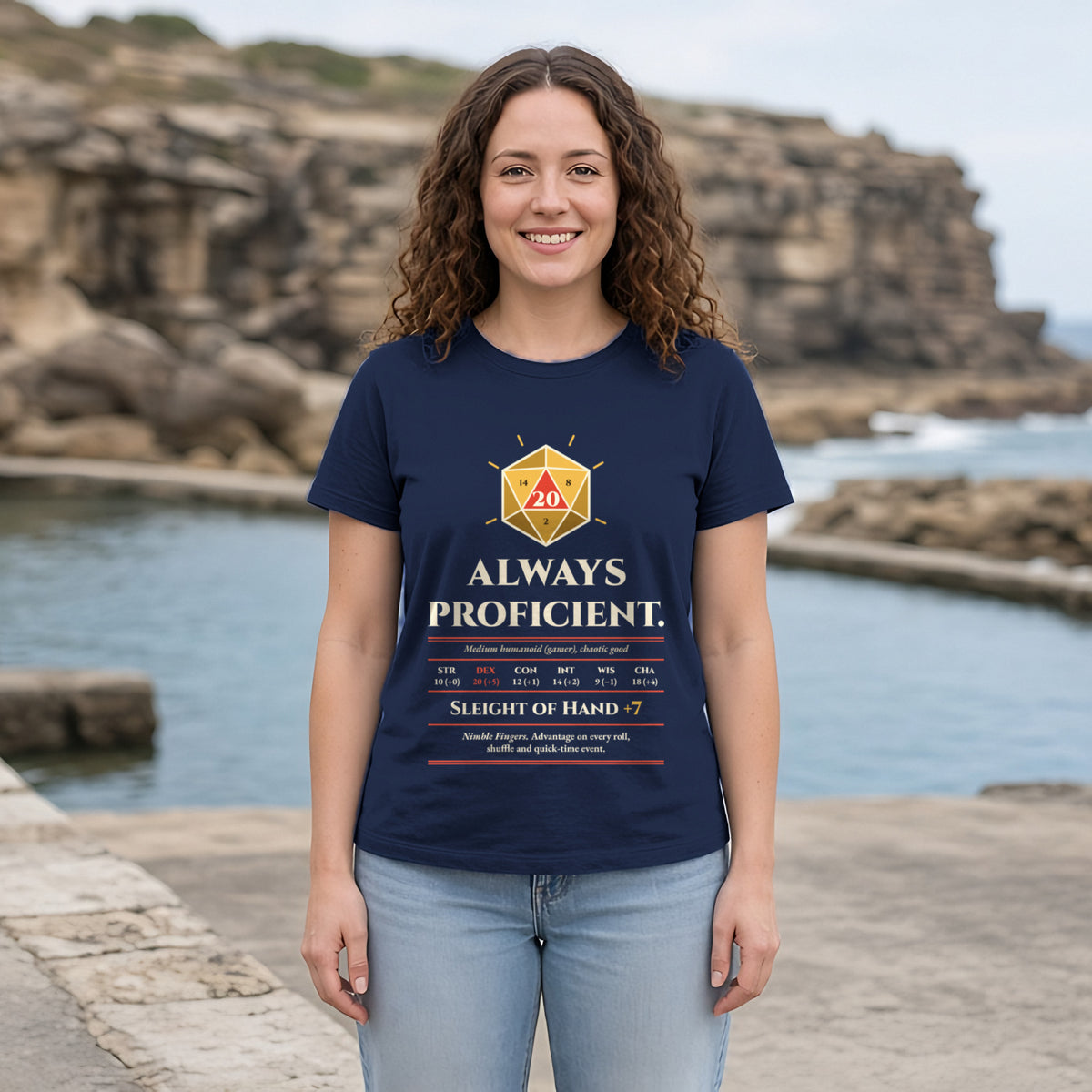 Always Proficient Sleight of Hand +7 Tee in Navy, worn by a model