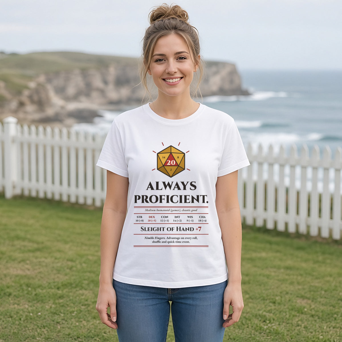 Always Proficient Sleight of Hand +7 Tee in White, worn by a model