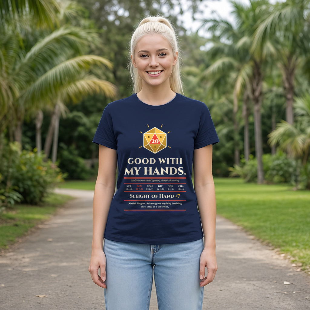 Good With My Hands Sleight of Hand +7 Tee in Navy, worn by a model