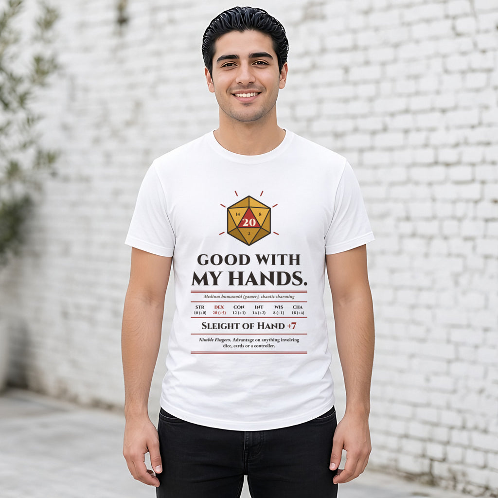 Good With My Hands Sleight of Hand +7 Tee in White, worn by a model