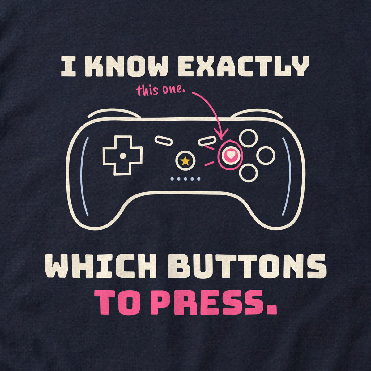 Close-up of the 'I know exactly which buttons to press.' print on a navy t-shirt