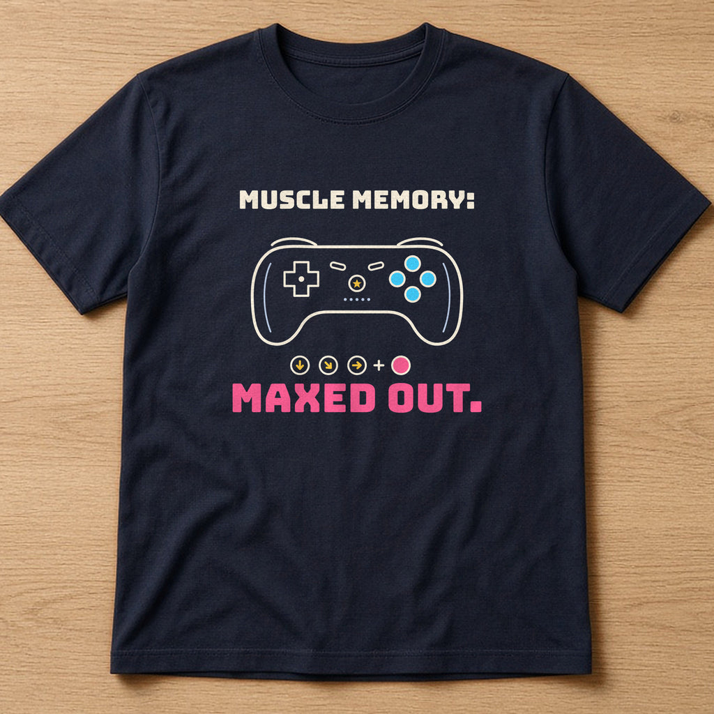 Navy t-shirt, flat lay, printed with the clean version: 'Muscle memory: maxed out.'
