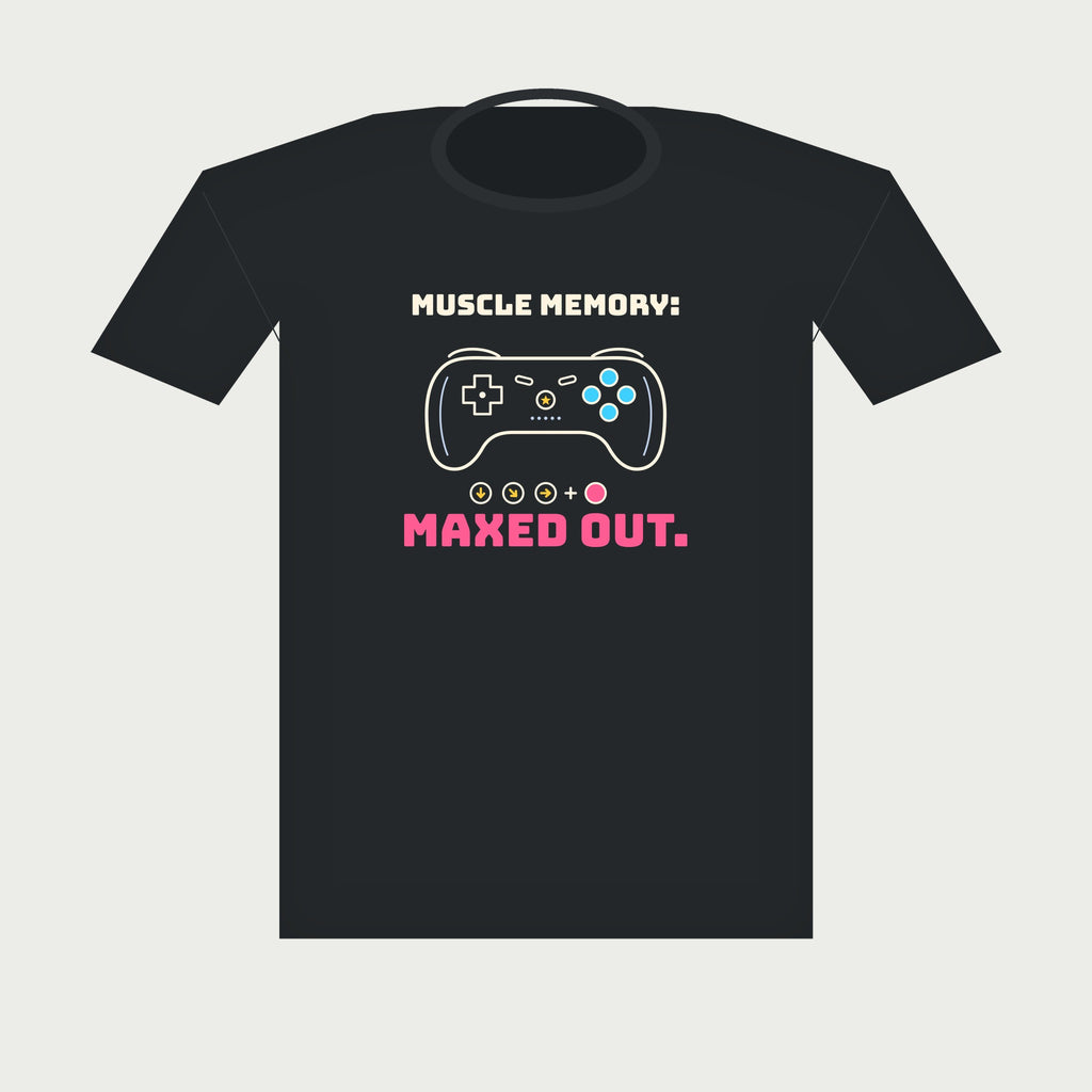 Muscle Memory: Maxed Out Gamer Tee in Black, flat lay