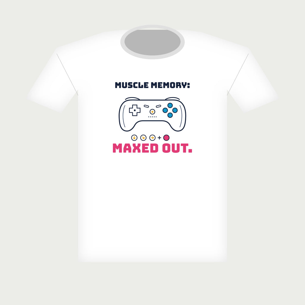 Muscle Memory: Maxed Out Gamer Tee in White, flat lay