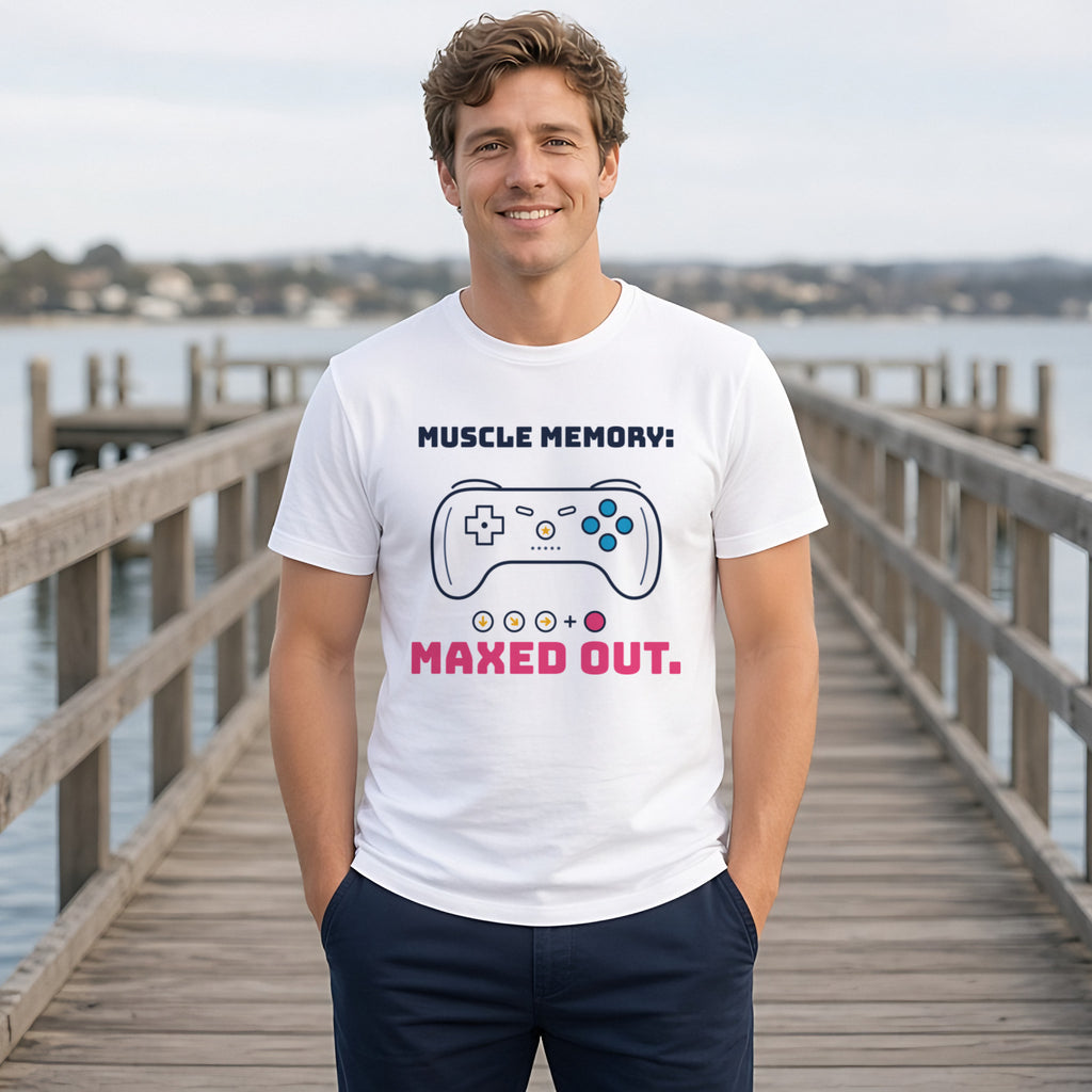 Muscle Memory: Maxed Out Gamer Tee in White, worn by a model