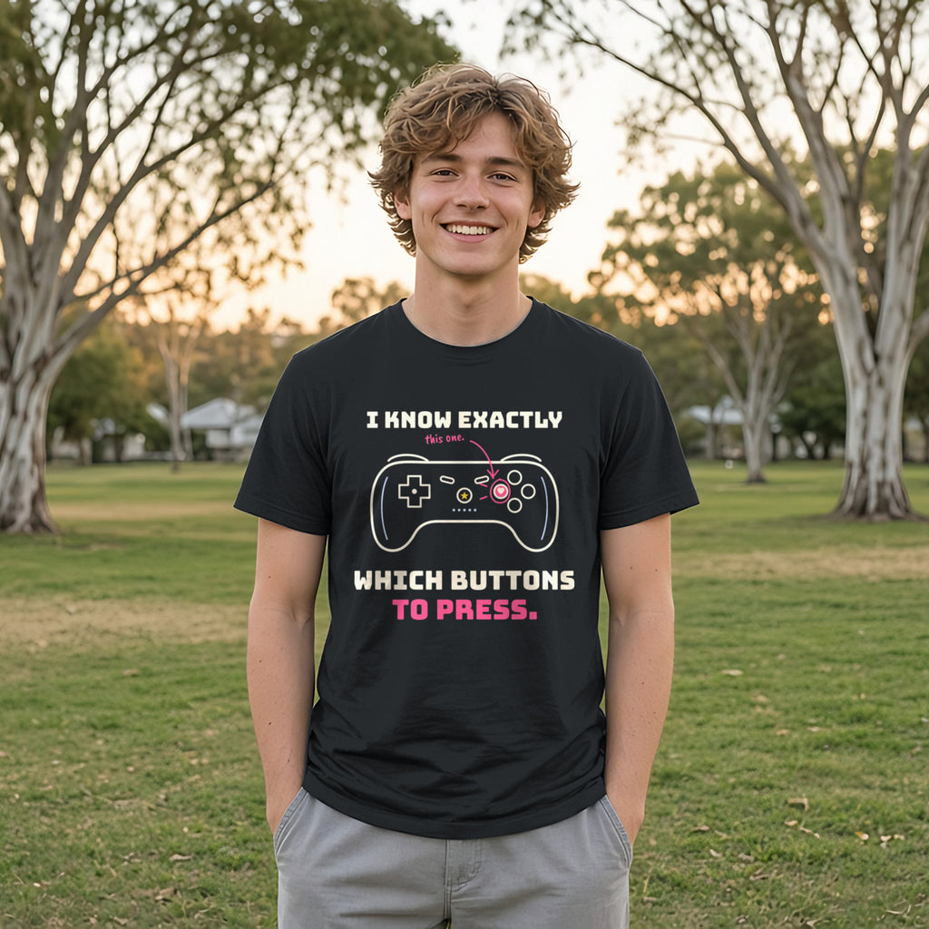 I Know Exactly Which Buttons to Press Gamer Tee in Black, worn by a model