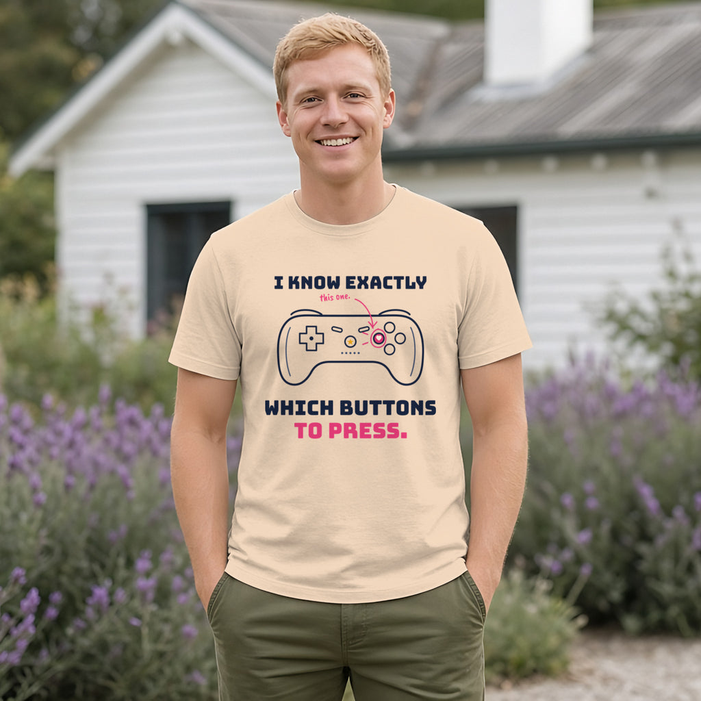 I Know Exactly Which Buttons to Press Gamer Tee in Natural, worn by a model