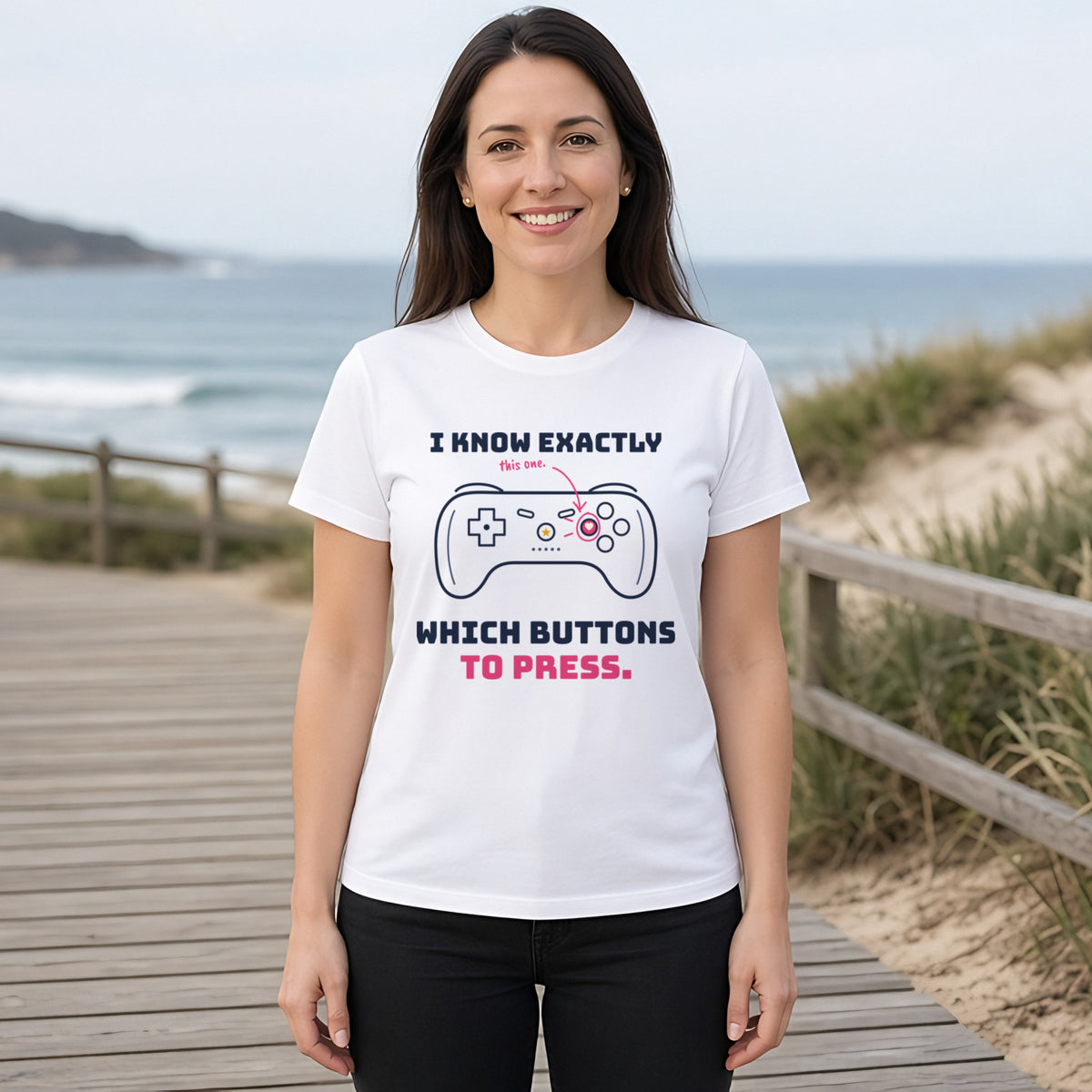 I Know Exactly Which Buttons to Press Gamer Tee in White, worn by a model