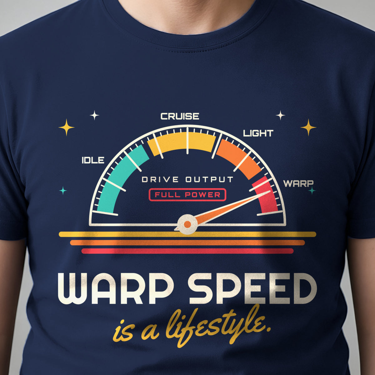 Close-up of the print on the Warp Speed Is a Lifestyle Retro Sci-Fi Tee in Navy