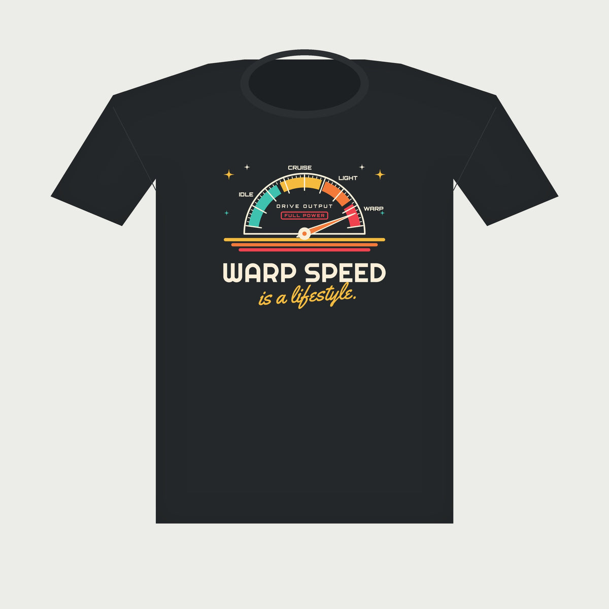 Warp Speed Is a Lifestyle Retro Sci-Fi Tee in Black, flat lay