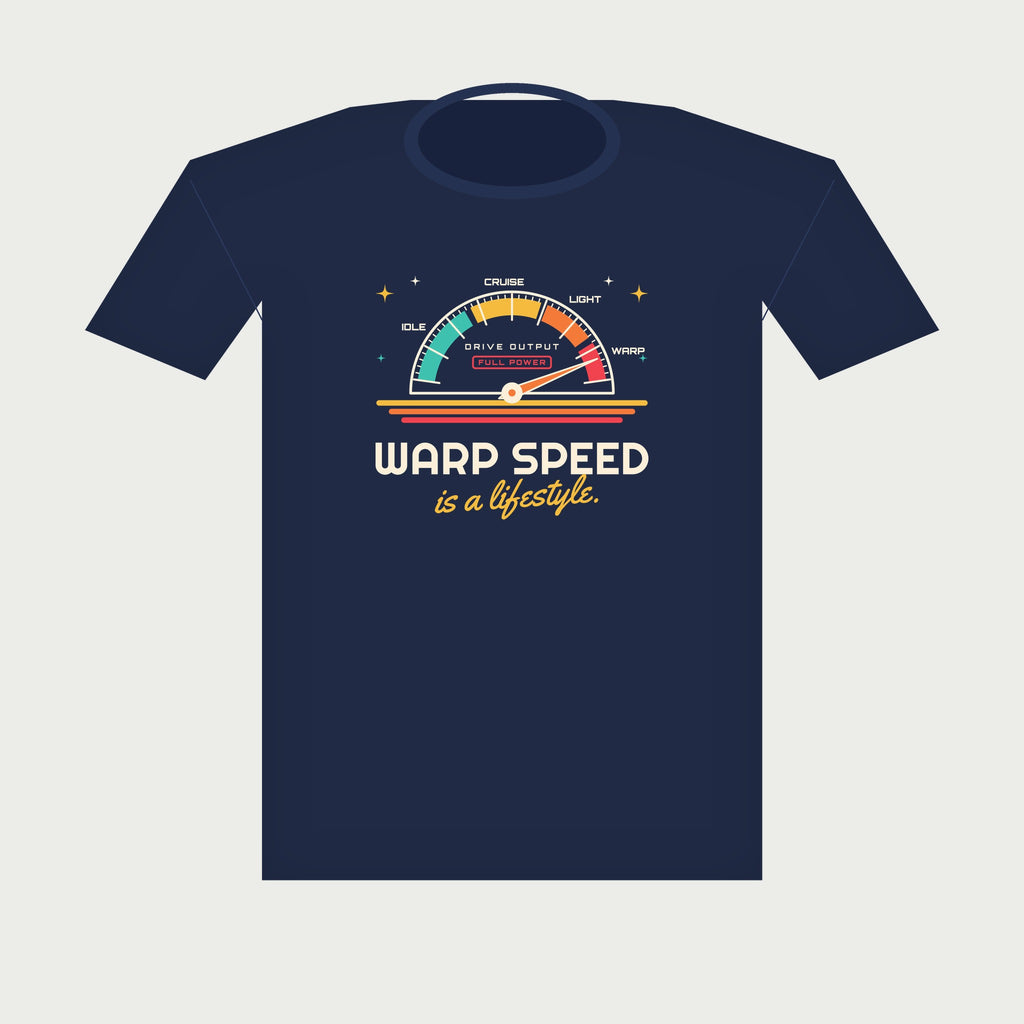 Warp Speed Is a Lifestyle Retro Sci-Fi Tee in Navy, flat lay