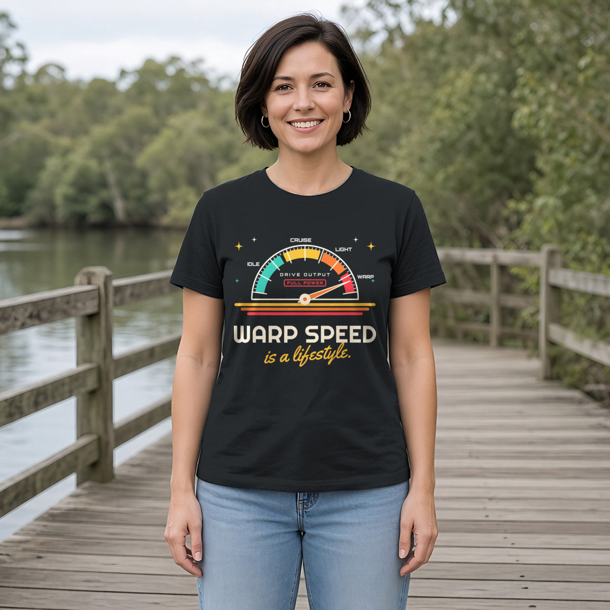 Warp Speed Is a Lifestyle Retro Sci-Fi Tee in Black, worn by a model
