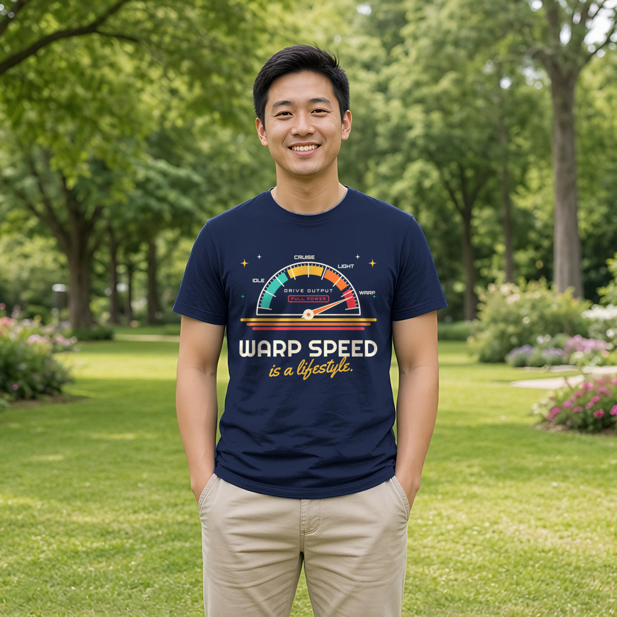 Warp Speed Is a Lifestyle Retro Sci-Fi Tee in Navy, worn by a model