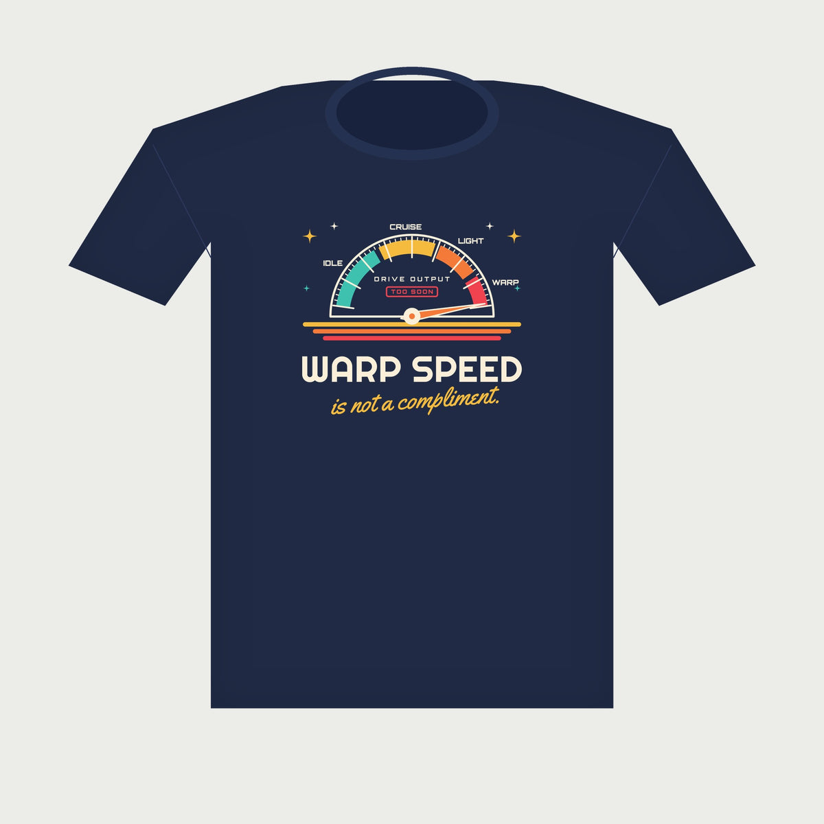 Warp Speed Is Not a Compliment Retro Sci-Fi Tee in Navy, flat lay