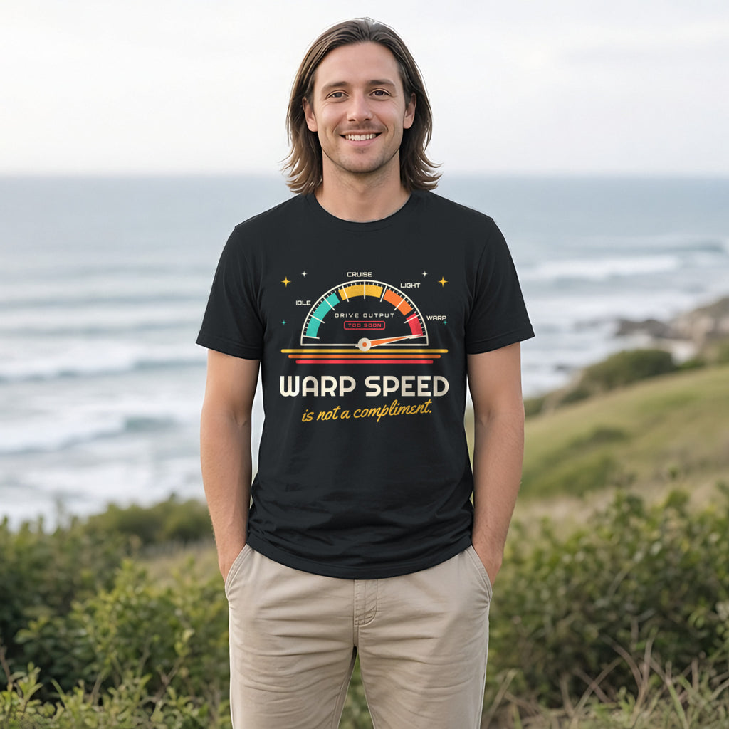 Warp Speed Is Not a Compliment Retro Sci-Fi Tee in Black, worn by a model