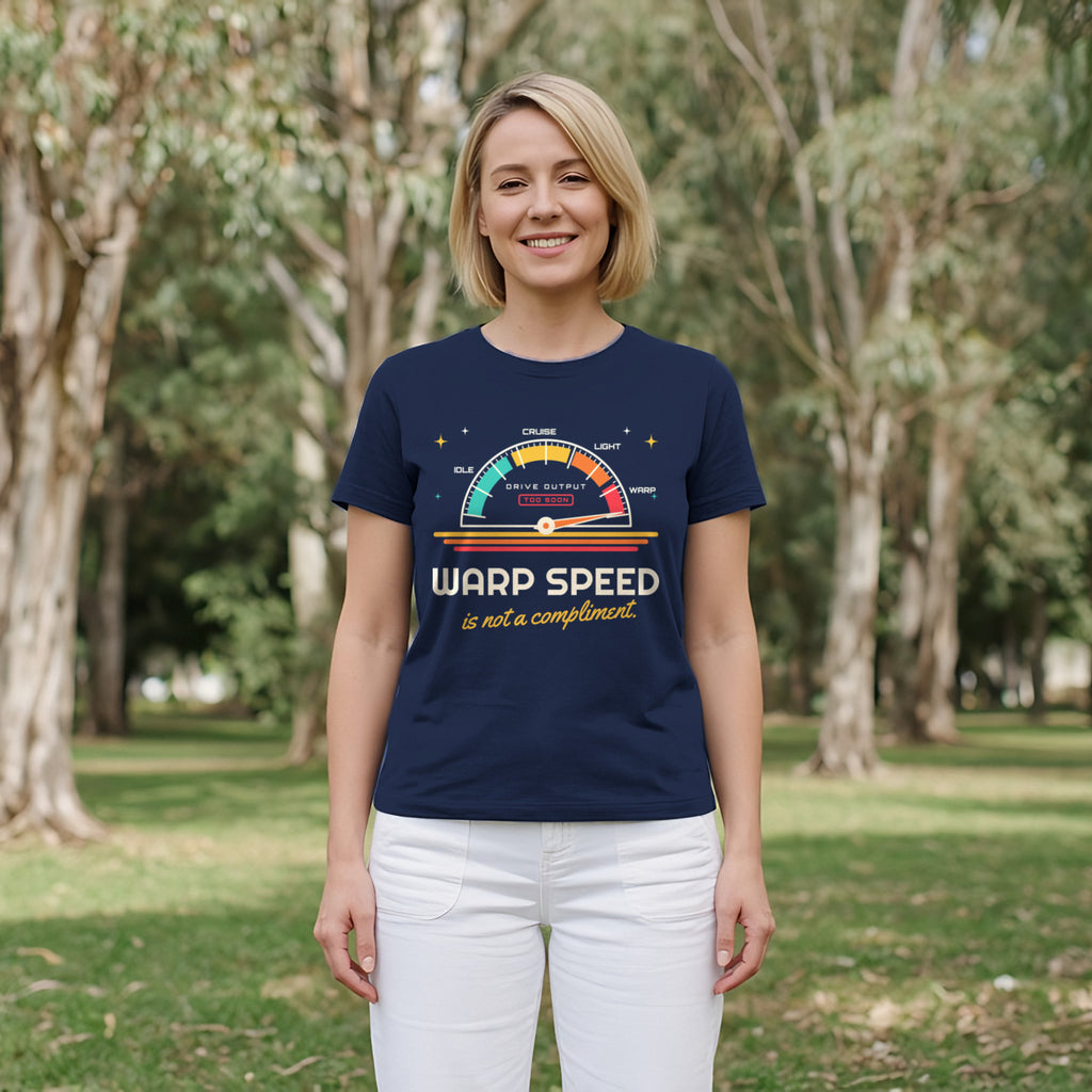 Warp Speed Is Not a Compliment Retro Sci-Fi Tee in Navy, worn by a model