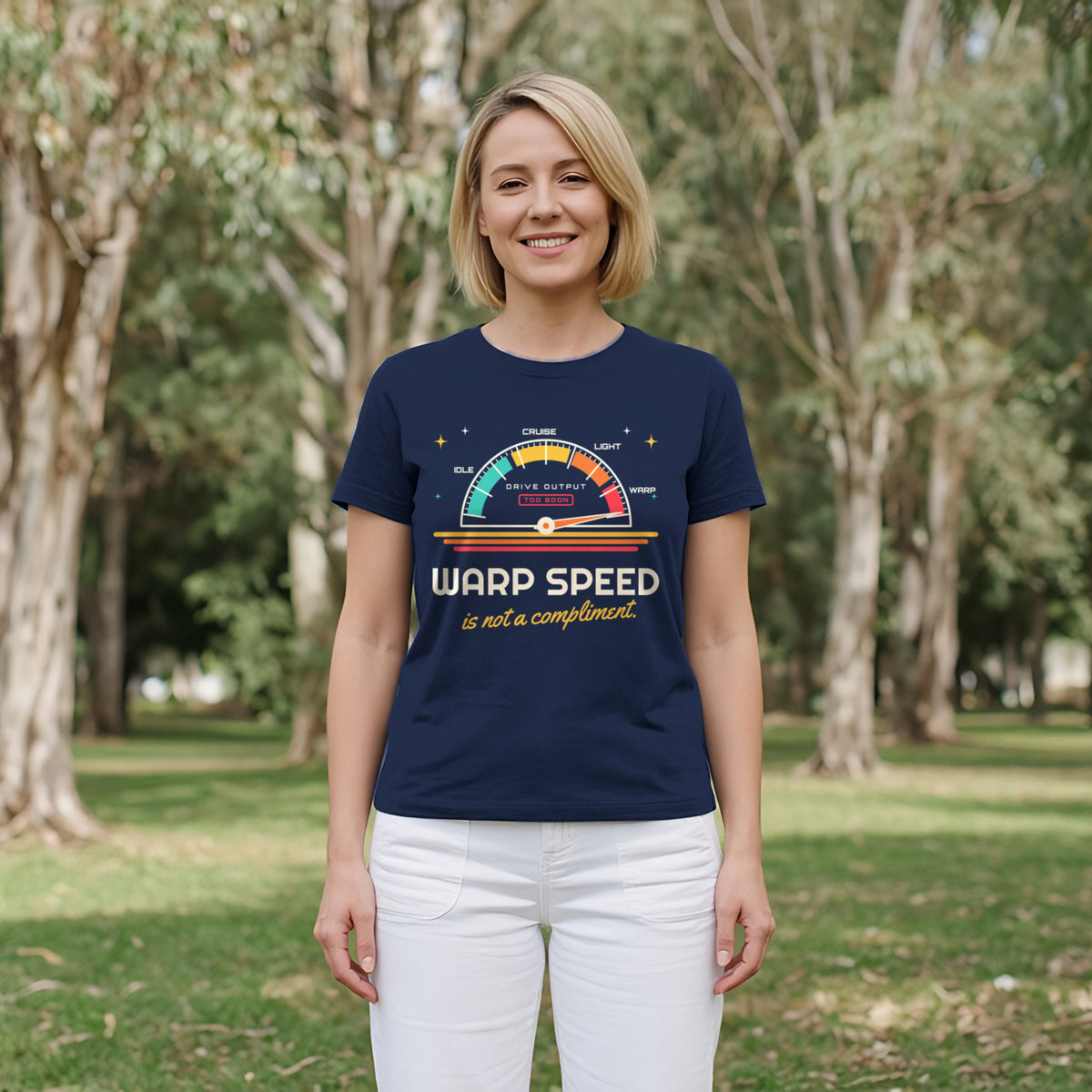 Warp Speed Is Not a Compliment Retro Sci-Fi Tee in Navy, worn by a model