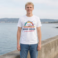 Warp Speed Is Not a Compliment Retro Sci-Fi Tee in White, worn by a model