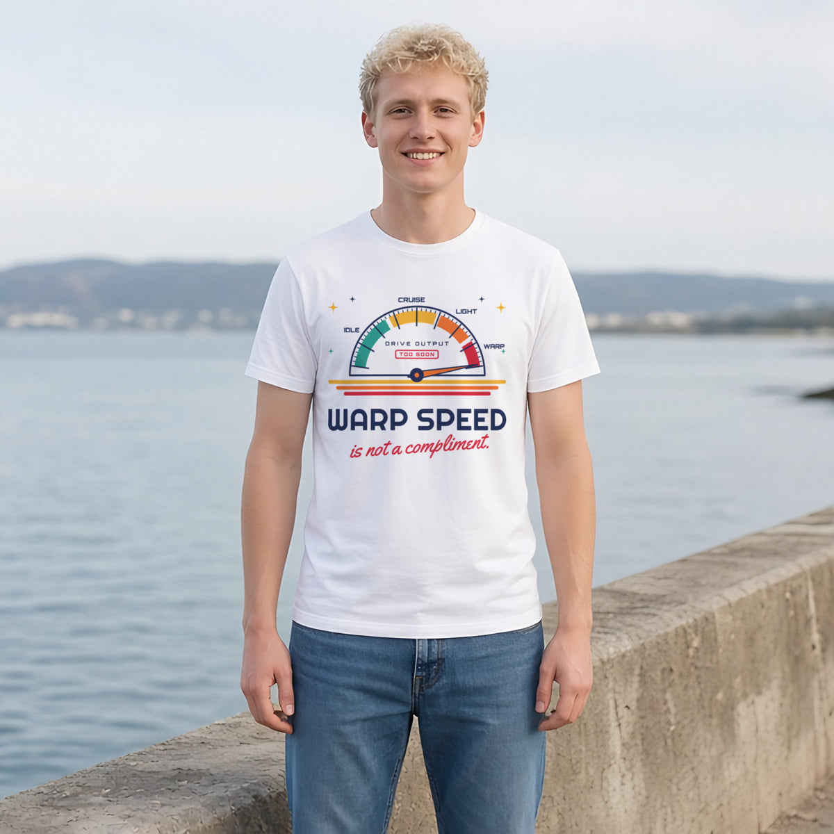 Warp Speed Is Not a Compliment Retro Sci-Fi Tee in White, worn by a model