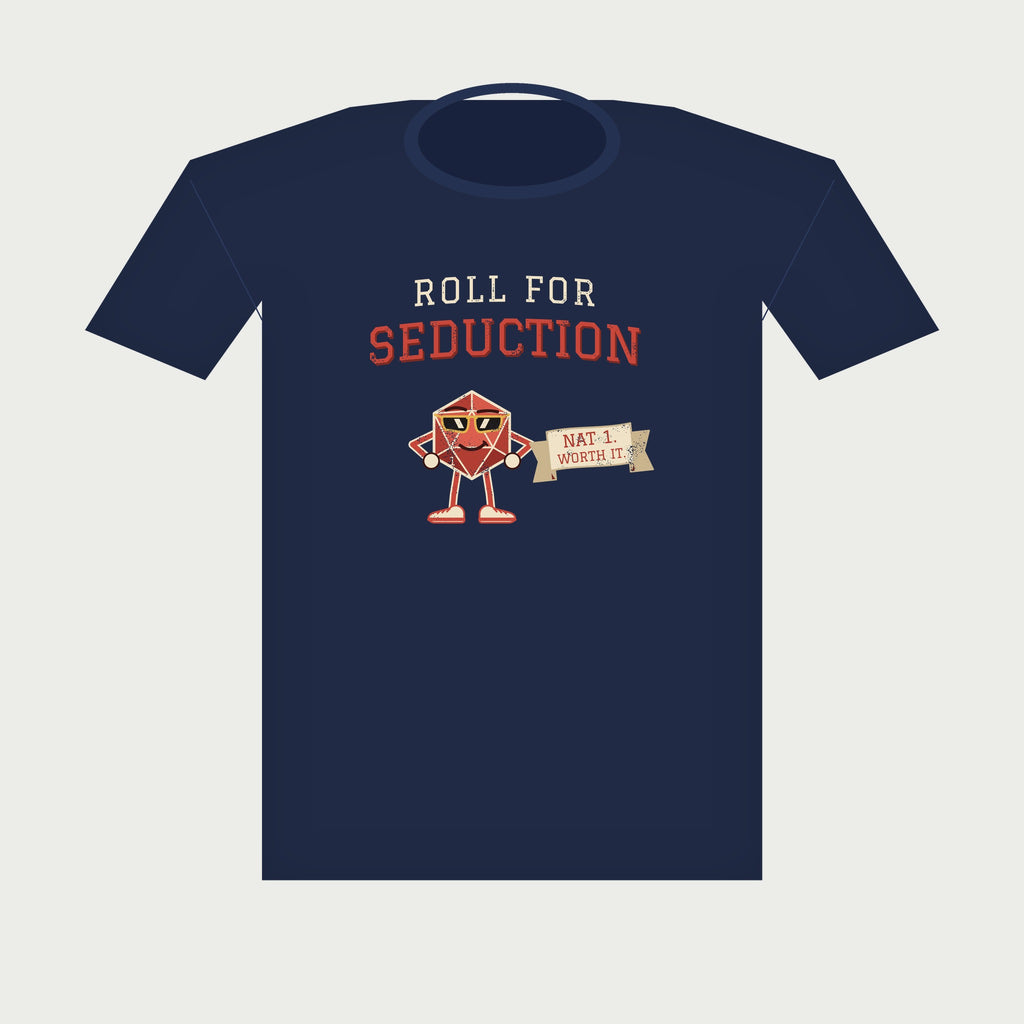 Roll for Seduction D20 Tee in Navy, flat lay
