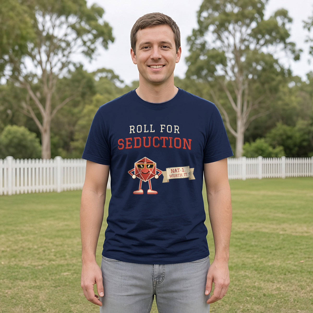 Roll for Seduction D20 Tee in Navy, worn by a model