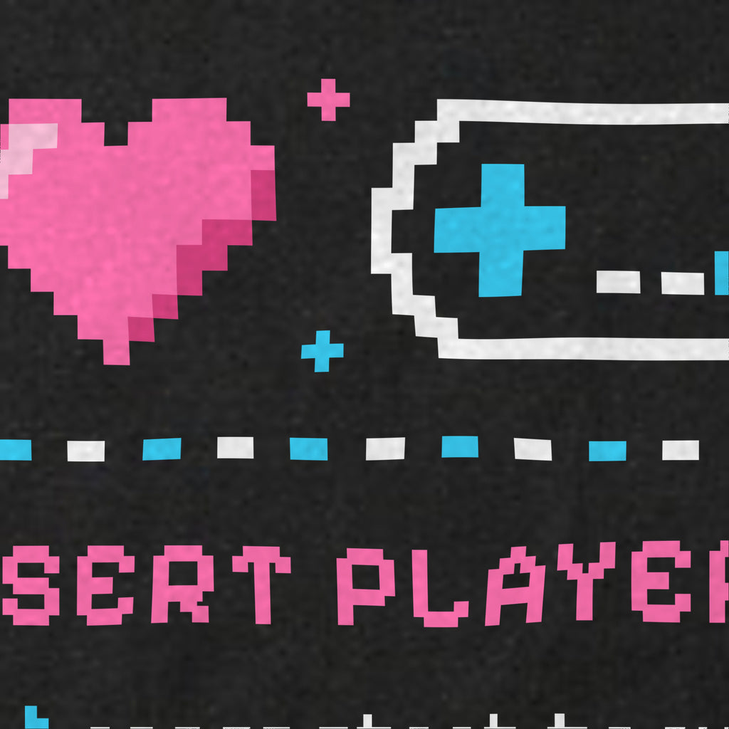 Print detail of the pixel heart design: 'Insert Player Two / press start to cuddle'