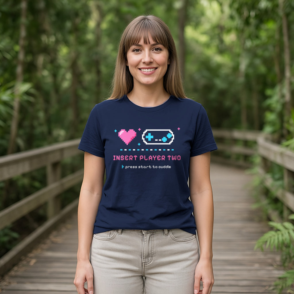 Insert Player Two Pixel Heart Tee in Navy, worn by a model