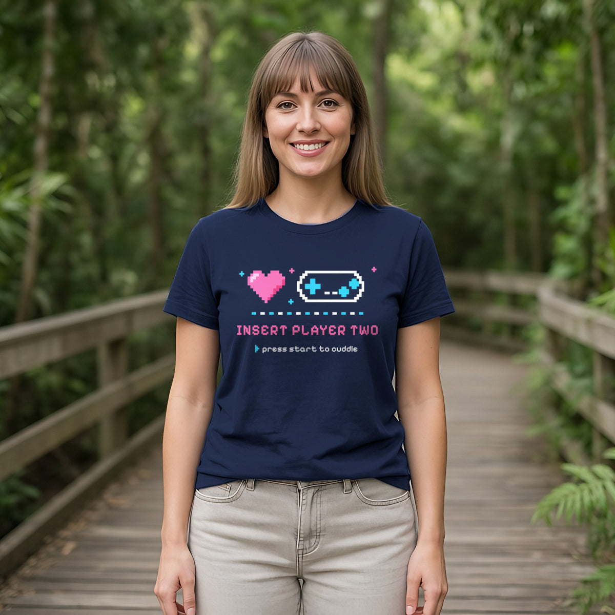 Insert Player Two Pixel Heart Tee in Navy, worn by a model