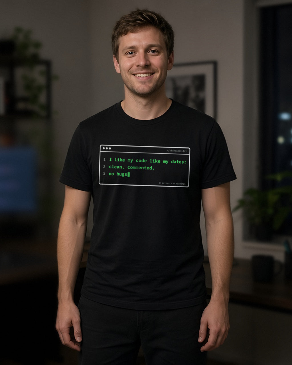 Man wearing a black t-shirt printed with 'I like my code like my dates: clean, commented, no bugs' (Spicy version), at a coding desk (4:5 crop). Model image is digitally generated. The print shown is the actual design; colours and fit may vary slightly, see size chart.