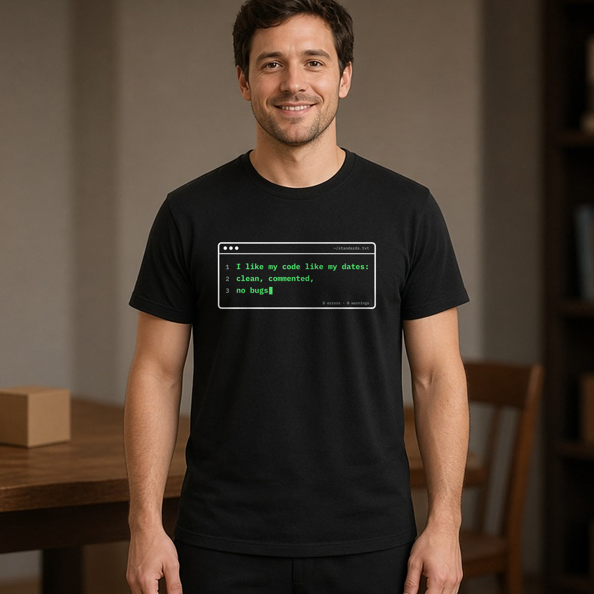 Man wearing a black t-shirt printed with 'I like my code like my dates: clean, commented, no bugs' (spicy version). Model image is digitally generated. The print shown is the actual design; colours and fit may vary slightly, see size chart.