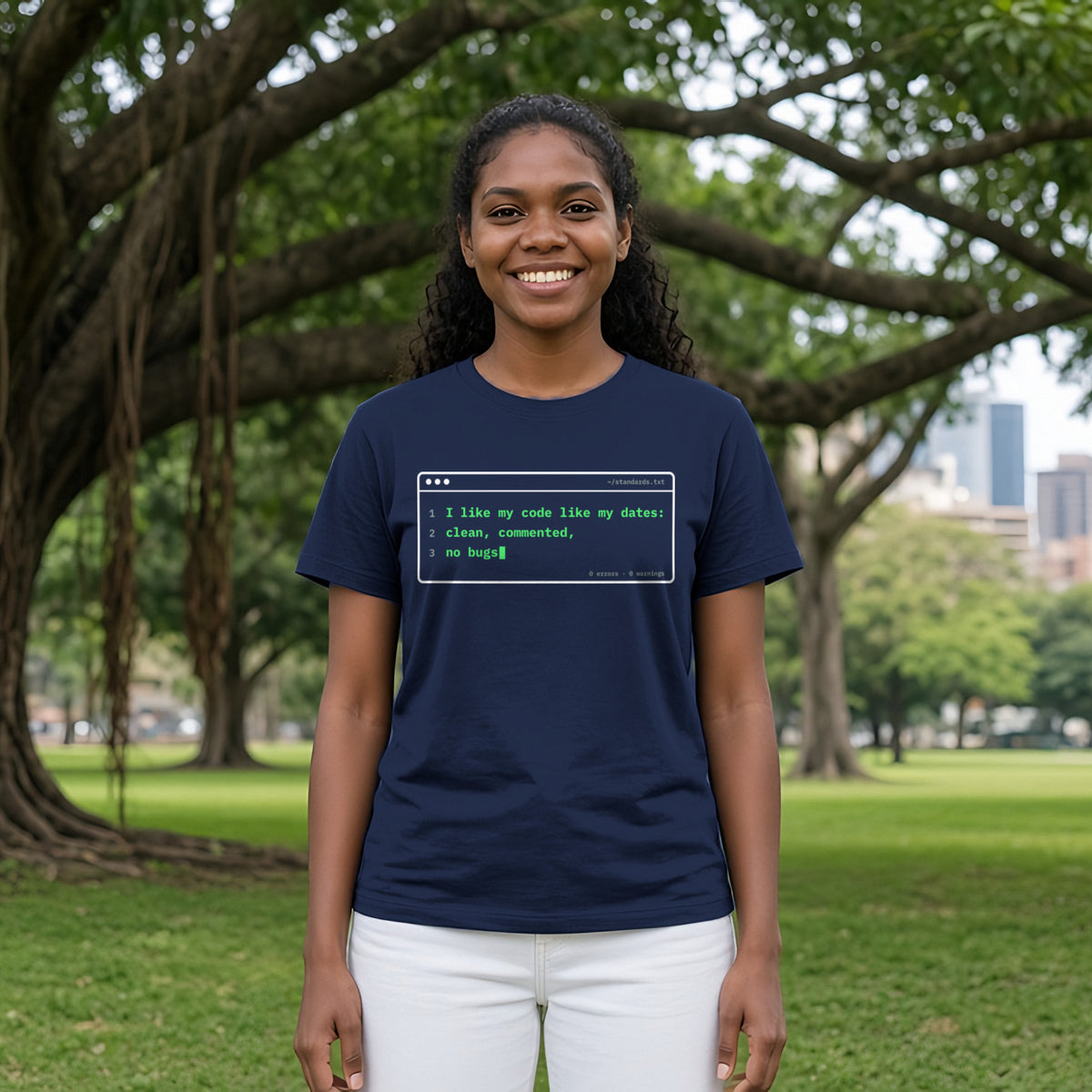 I Like My Code Like My Dates Terminal Tee in Navy, worn by a model