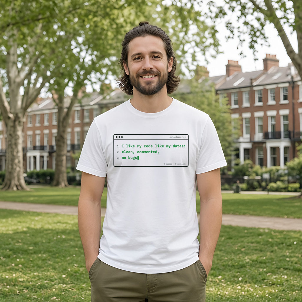 I Like My Code Like My Dates Terminal Tee in White, worn by a model