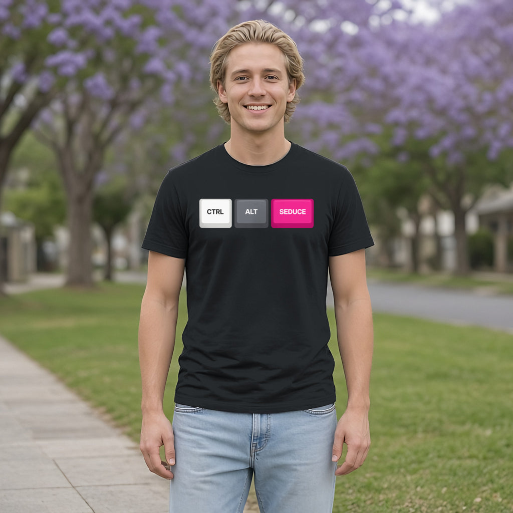 Ctrl Alt Seduce Keycap Tee in Black, worn by a model