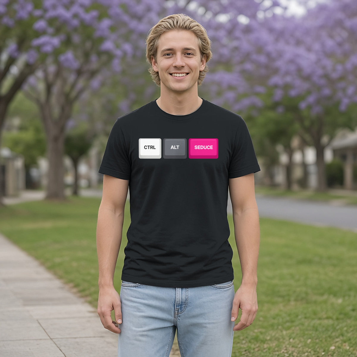 Ctrl Alt Seduce Keycap Tee in Black, worn by a model