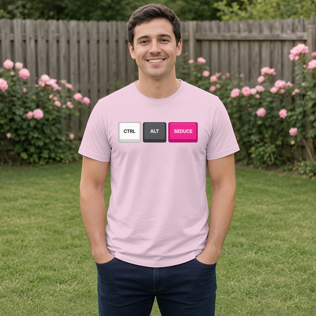 Ctrl Alt Seduce Keycap Tee in Light Pink, worn by a model