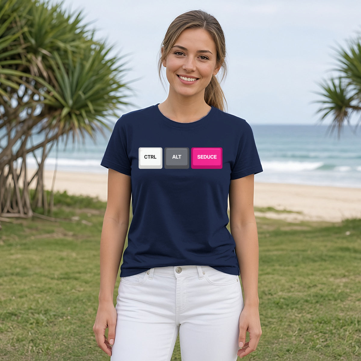 Ctrl Alt Seduce Keycap Tee in Navy, worn by a model