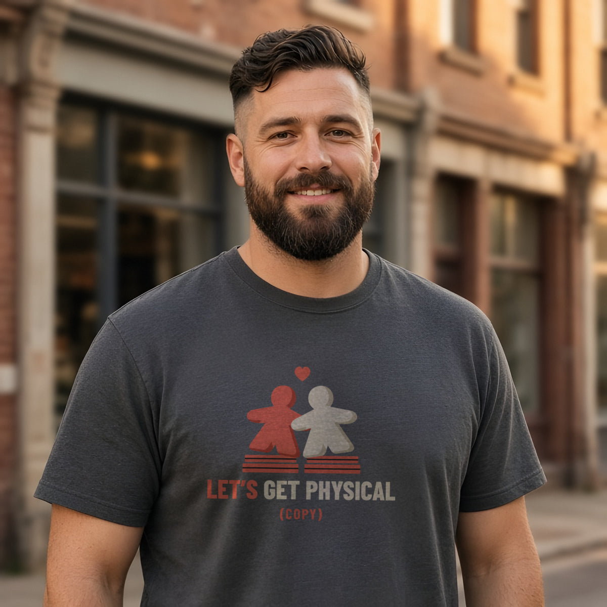Man wearing a charcoal t-shirt printed with two meeples sharing a heart (Spicy version), on a street at golden hour. Model image is digitally generated. The print shown is the actual design; colours and fit may vary slightly, see size chart.