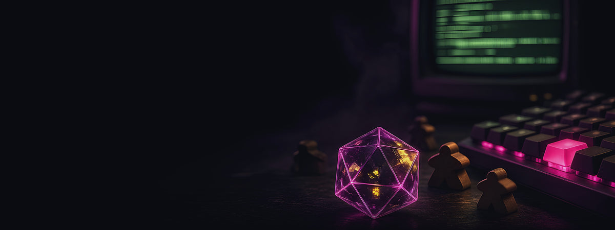 Dark neon geek desk scene with a glowing d20, keyboard and meeples